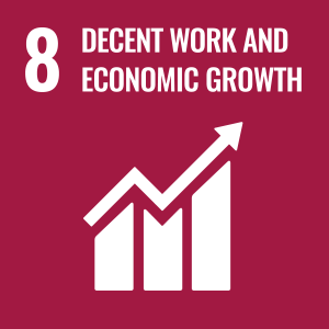 United Nations Sustainable Development Goal 8 icon showing a white upward arrow over a bar chart on a dark red background, representing Decent Work and Economic Growth.